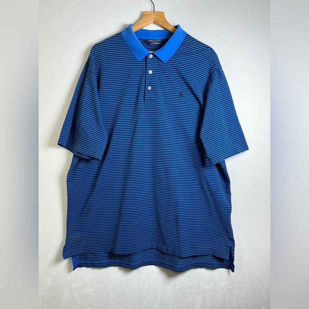 Polo Ralph Lauren Golf Men XXL Striped Polo Shirt Blue Black Pony Rider Logo